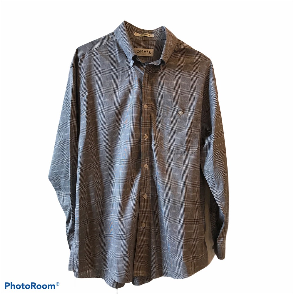 Orvis Button Down Shirt Large Grey Glen Plaid Excellent Long Sleeve Cotton